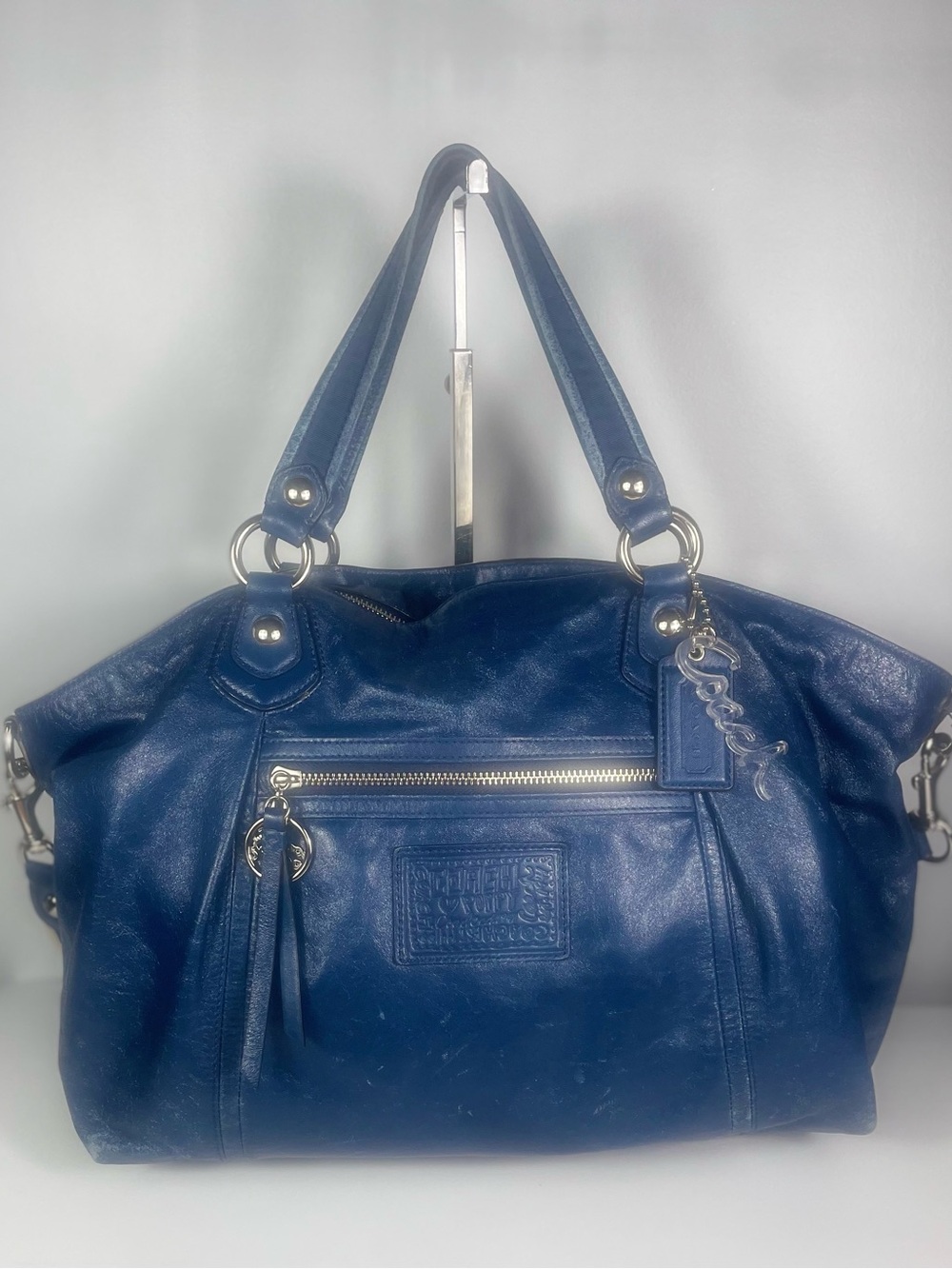 Authentic Coach Poppy Cobalt Blue Leather Rocker Satchel Legacy Stripe